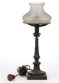 W. CARLETON DIMINUTIVE / MINIATURE BRONZE AND SHEET-IRON SINUMBRA STAND LAMP