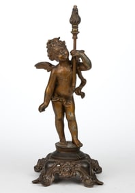VICTORIAN MIXED METALS FIGURAL CHERUB NEWEL POST / CIGAR LIGHTER GAS STAND LAMP