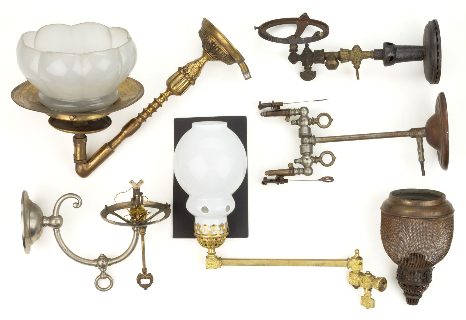 ASSORTED METALS GAS LAMPS AND COMPONENTS, LOT OF FIVE (1 of 1)