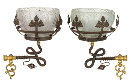 STAMPED AND IRON WALL-MOUNT GAS LAMPS / SCONCES, PAIR