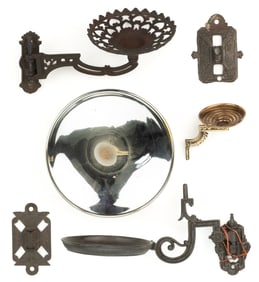 ASSORTED CAST-IRON AND BRASS KEROSENE BRACKET LAMP RELATED ARTICLES, UNCOUNTED LOT