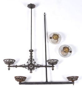 ASSORTED IRON KEROSENE DOUBLE-ARM HANGING CHANDELIERS, LOT OF TWO
