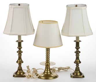 BRASS ELECTRIFIED CANDLESTICK LAMPS, LOT OF THREE