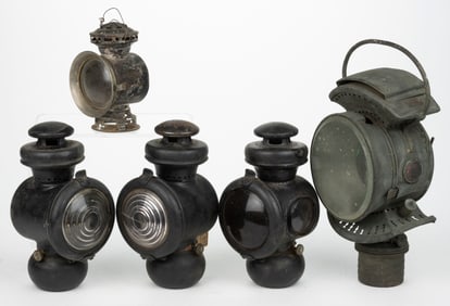 ASSORTED BRASS AND SHEET-IRON AUTOMOBILE / TRANSPORTATION LAMPS / LANTERNS, LOT OF FIVE