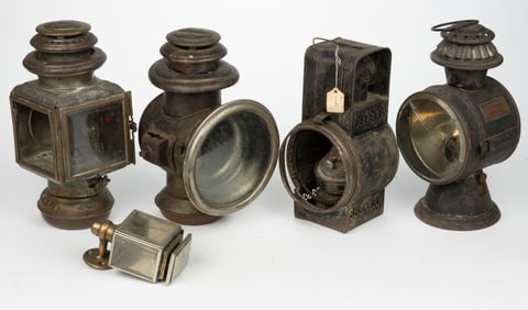 ASSORTED BRASS AND SHEET-IRON AUTOMOBILE / TRANSPORTATION LAMPS / LANTERNS, LOT OF FIVE