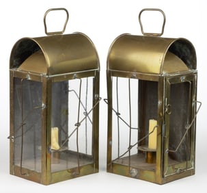 BRASS MARINE / NAUTICAL WALL-MOUNT CANDLE LANTERNS, PAIR