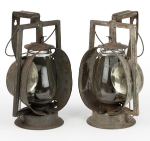 DIETZ "ACME" RAILROAD INSPECTOR LAMP SHEET-IRON HOT-BLAST TUBULAR LANTERNS, LOT OF TWO