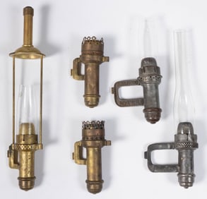 ASSORTED BRASS AND METAL RAILROAD CAR WALL SCONCE LAMPS / LANTERNS, LOT OF FIVE