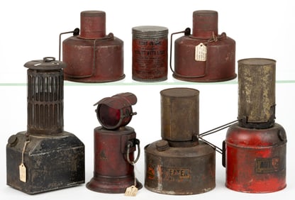 ASSORTED SHEET-IRON AUTOMOBILE HEATERS AND FLARES, LOT OF SEVEN