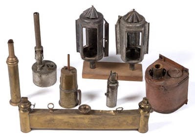 ASSORTED SHEET-IRON AND BRASS LIGHTING ARTICLES, LOT OF EIGHT
