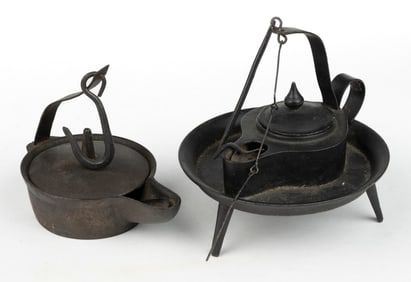 WROUGHT-IRON BETTY LAMPS, LOT OF TWO