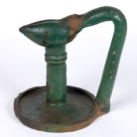 EARLY EARTHENWARE WITH GLAZE FAT / GREASE LAMP WITH HANDLE