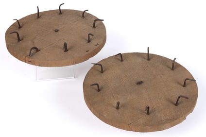 WROUGHT-IRON AND WOODEN HANGING CANDLE DIPPING / DRYING RACKS, LOT OF TWO