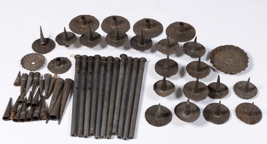 ASSORTED SHEET-IRON / TIN PRICKET AND PUSH-UP CANDLESTICK COMPONENTS, UNCOUNTED LOT