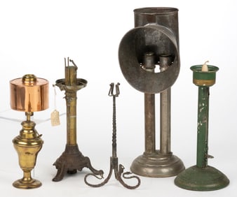 ASSORTED METALS OIL AND CANDLE LIGHTING ARTCILES, LOT OF FIVE