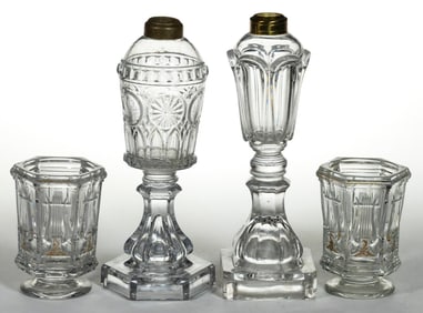 ASSORTED PATTERNED WHALE-OIL / FLUID STAND LAMPS AND SPILLS, LOT OF FOUR
