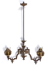 J. C. IVES CAST-IRON DOUBLE-ARM CHANDELIER HANGING LAMP