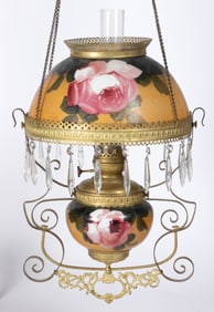 PITTSBURGH LAMP, BRASS AND GLASS CO. FLORAL DECORATED KEROSENE HANGING / LIBRARY LAMP