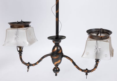 STAMPED-BRASS HANGING DOUBLE-ARM CHANDELIER GAS LAMP