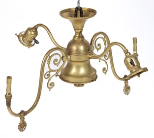 STAMPED-BRASS HANGING FOUR-ARM COMBINATION / TRANSITION CHANDELIER GAS LAMP
