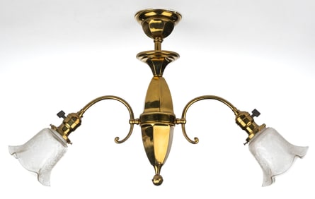 VINTAGE STAMPED-BRASS DOUBLE-ARM CHANDELIER ELECTRIC HANGING LAMP