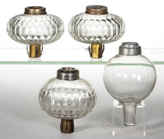ASSORTED PATTERNED KEROSENE PEG LAMP FONTS, LOT OF FOUR