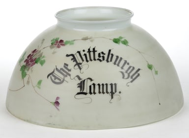 OPAL ENAMEL-DECORATED ADVERTISING "THE PITTSBURGH LAMP" UMBRELLA-FORM LAMP SHADE