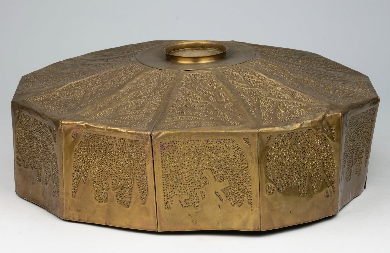 VINTAGE ARTS AND CRAFTS PUNCHED AND EMBOSSED LAMP / LIGHT SHADE: VINTAGE ARTS AND CRAFTS PUNCHED AND EMBOSSED LAMP / LIGHT SHADE, 12 panel with each having an embossed stylized tree within a punched stippled pattern, edge with various embossed shapes including cros