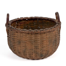 MID-ATLANTIC DIMINUTIVE PAINTED STAVE-TYPE WOVEN SPLINT BASKET
