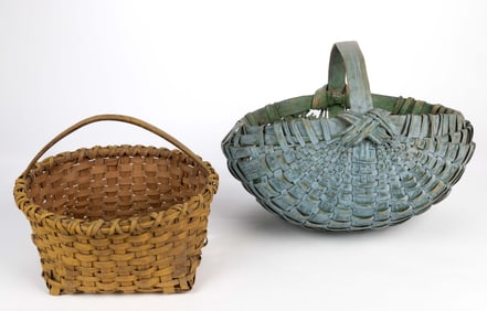 MID-ATLANTIC PAINTED STAVE-TYPE AND RIB-TYPE WOVEN-SPLINT BASKETS, LOT OF TWO