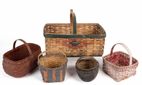 AMERICAN PAINTED STAVE-TYPE AND RIB-TYPE WOVEN-SPLINT BASKETS, LOT OF FIVE