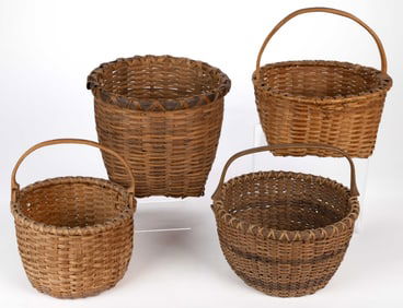 MID-ATLANTIC / APPALACHIAN STAVE-TYPE WOVEN-SPLINT BASKETS, LOT OF FOUR