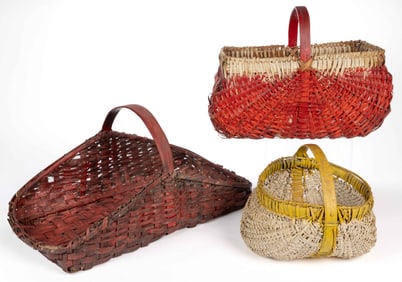 MID-ATLANTIC PAINTED RIB-TYPE AND STAVE-TYPE WOVEN-SPLINT BASKETS, LOT OF THREE