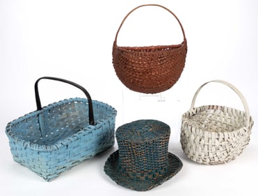 AMERICAN PAINTED STAVE-TYPE AND RIB-TYPE BASKETS, LOT OF FOUR