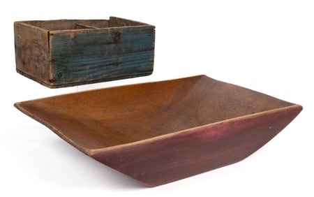 ASSORTED COUNTRY PAINTED TREEN TRENCHER AND BOX, LOT OF TWO