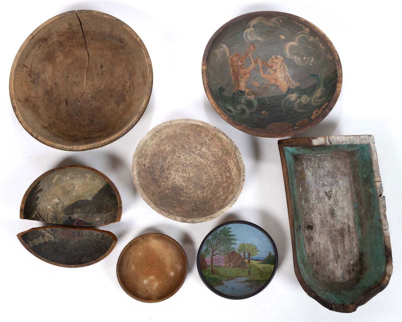 COUNTRY PAINT-DECORATED AND OTHER TREEN DOUGH BOWLS / TRENCHERS, LOT OF SEVEN (1 of 3)
