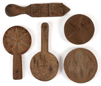 ASSORTED WOOD / TREENWARE BUTTER PRINTS / STAMPS, LOT OF FIVE