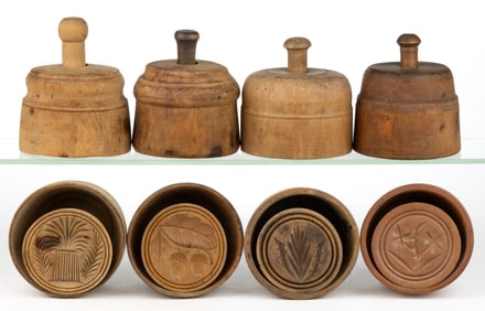 ASSORTED WOOD / TREENWARE BUTTER MOLDS WITH FIGURAL FLORAL AND FOLIAGE PRINTS / STAMPS, LOT OF EIGHT