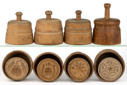 ASSORTED WOOD / TREENWARE BUTTER MOLDS WITH FIGURAL FLORAL AND FOLIAGE PRINTS / STAMPS, LOT OF