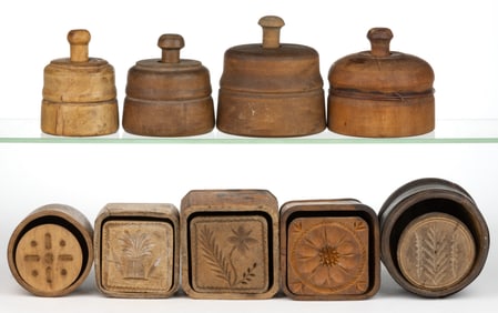 ASSORTED WOOD / TREENWARE BUTTER MOLDS WITH FIGURAL FLORAL AND FOLIAGE PRINTS / STAMPS, LOT OF NINE