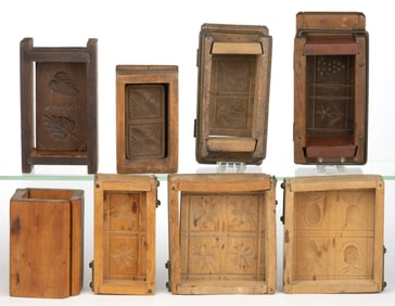 ASSORTED WOOD / TREENWARE BUTTER BOX MOLDS WITH FIGURAL FLORAL AND FOLIAGE PRINTS / STAMPS, LOT OF