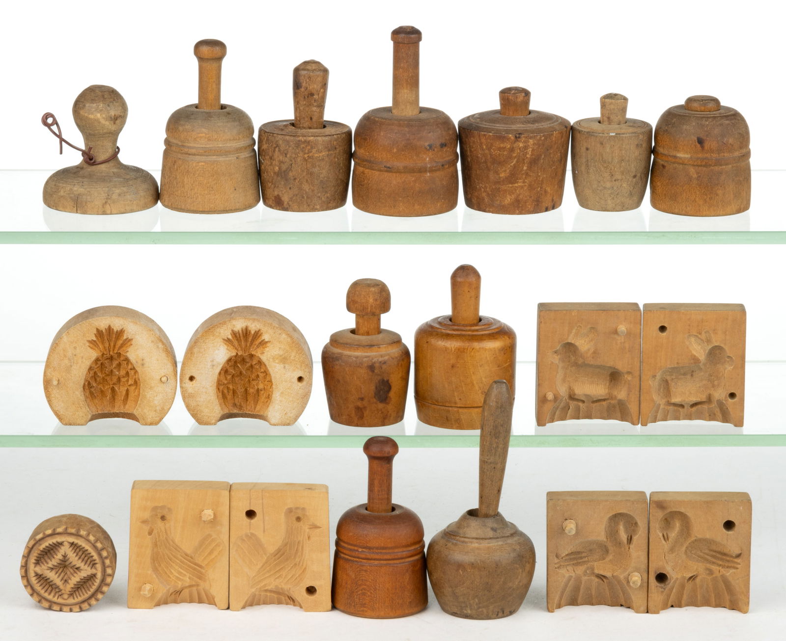 ASSORTED WOOD / TREENWARE MINIATURE / INDIVIDUAL BUTTER MOLDS AND PRINTS / STAMPS, LOT OF 16 (1 of 2)
