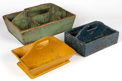 AMERICAN COUNTRY PAINTED WOODEN CUTLERY TRAYS / KNIFE BOXES, LOT OF THREE