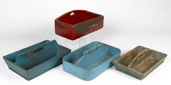 AMERICAN COUNTRY PAINTED WOODEN CUTLERY TRAYS / KNIFE BOXES, LOT OF FOUR