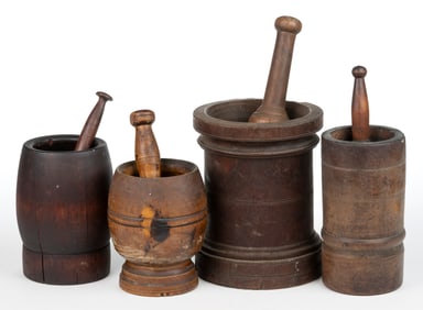 ASSORTED TURNED TREEN MORTARS AND PESTLES, LOT OF FOUR