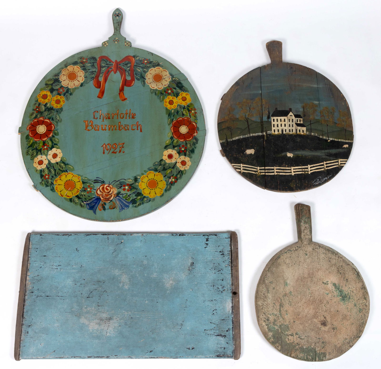 COUNTRY PAINT-DECORATED TREEN CUTTING / BREAD BOARDS, LOT OF FOUR: COUNTRY PAINT-DECORATED TREEN CUTTING / BREAD BOARDS, LOT OF FOUR, comprising three round bread / cutting boards, one painted with a farm scene which is signed possible "Paula Wenger", one w