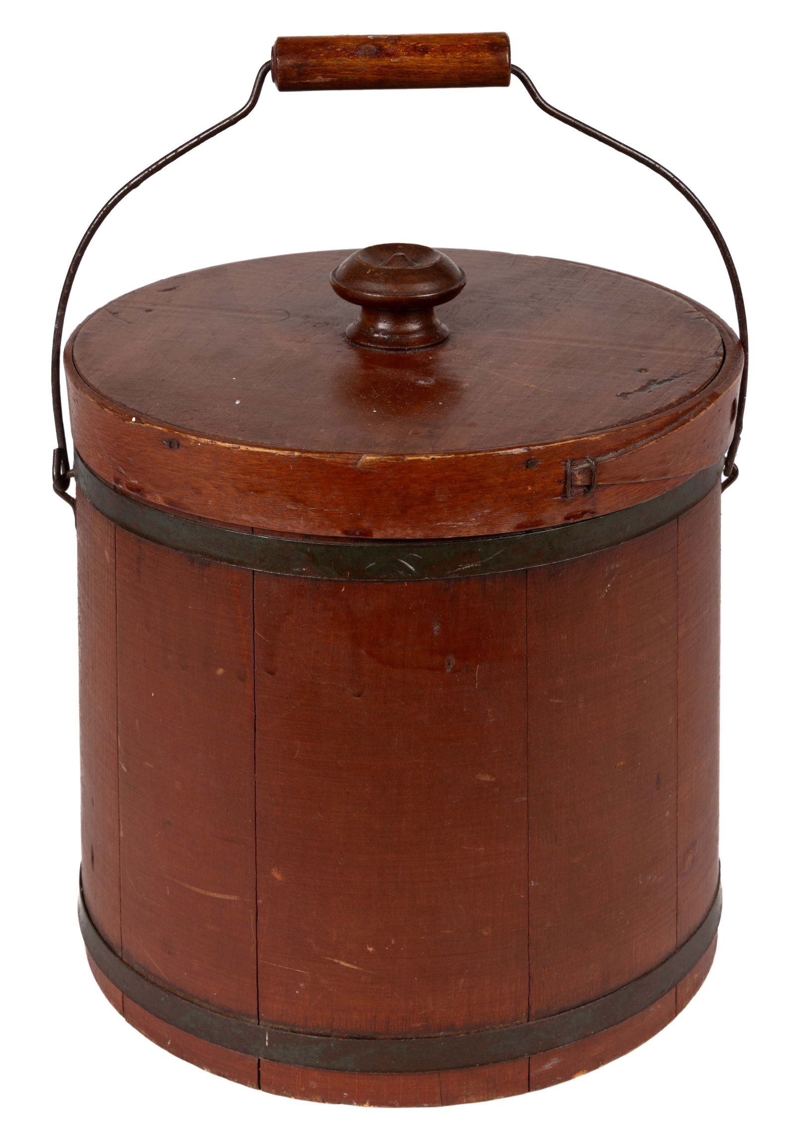 AMERICAN PAINTED / RED-WASHED TREEN FIRKIN / SUGAR BUCKET (1 of 4)