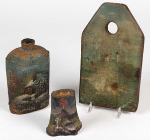 COUNTRY FOLK ART PAINT-DECORATED DOMESTIC WARES, LOT OF THREE