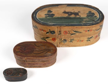 NORTHERN GERMANY / SCANDINAVIA PAINT-DECORATED BENTWOOD BRIDE'S BOXES, LOT OF THREE