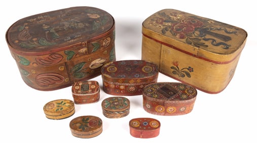 NORTHERN GERMANY / SCANDINAVIA PAINT-DECORATED BENTWOOD BRIDE'S BOXES, LOT OF NINE